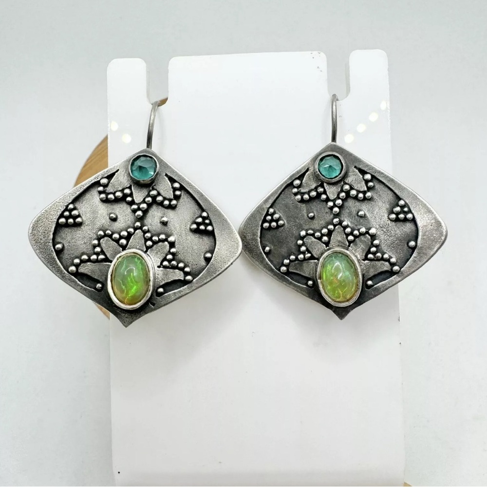 Artisan Sterling Silver Leaf With Ethiopian Opal And Tourmaline Earrings
